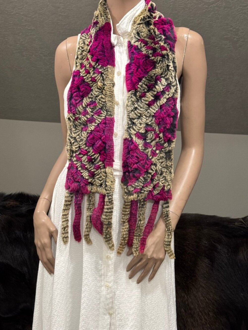 Genuine Rex Rabbit Fur Knitted Scarf, Jacquard Floral Fringe Fur Scarf
